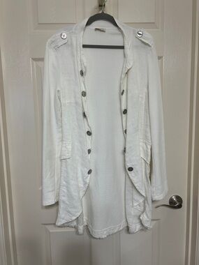 Suzy D Linen Cotton White Button Decorated Draped Blazer Jacket Lightweight L